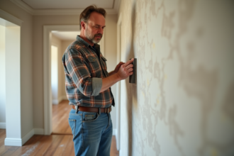 Homme d'âge moyen ponçant un mur en plâtre dans un salon
