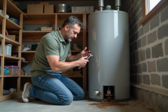 Homme inspectant un chauffe-eau dans une cave