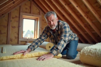 Homme installant de la laine mineral dans un grenier en rénovation