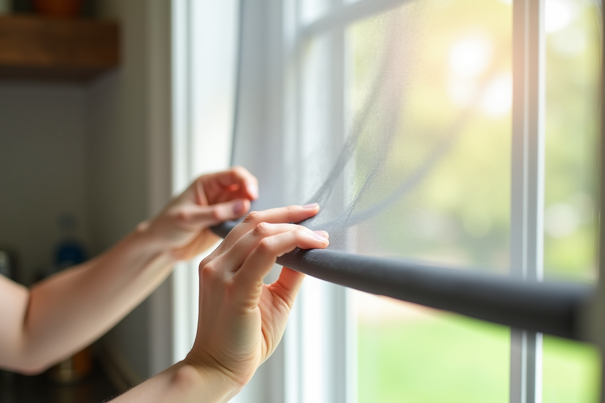 Mains installant moustiquaire rouleau dans une cuisine lumineuse
