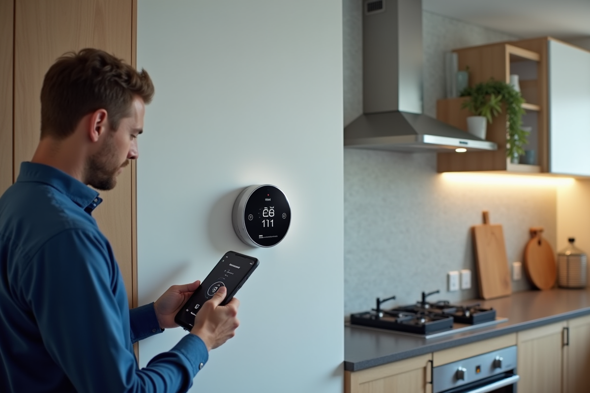 Technicien configurant thermostat intelligent dans cuisine moderne