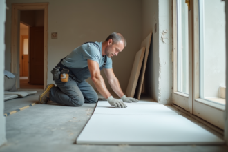 Hommes en travaux posant de l'isolant en mousse rigide dans un salon