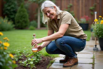 Femme jardinant en extérieur avec vinaigre contre mauvaises herbes