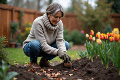Femme plantant des tulipes dans un jardin automnal