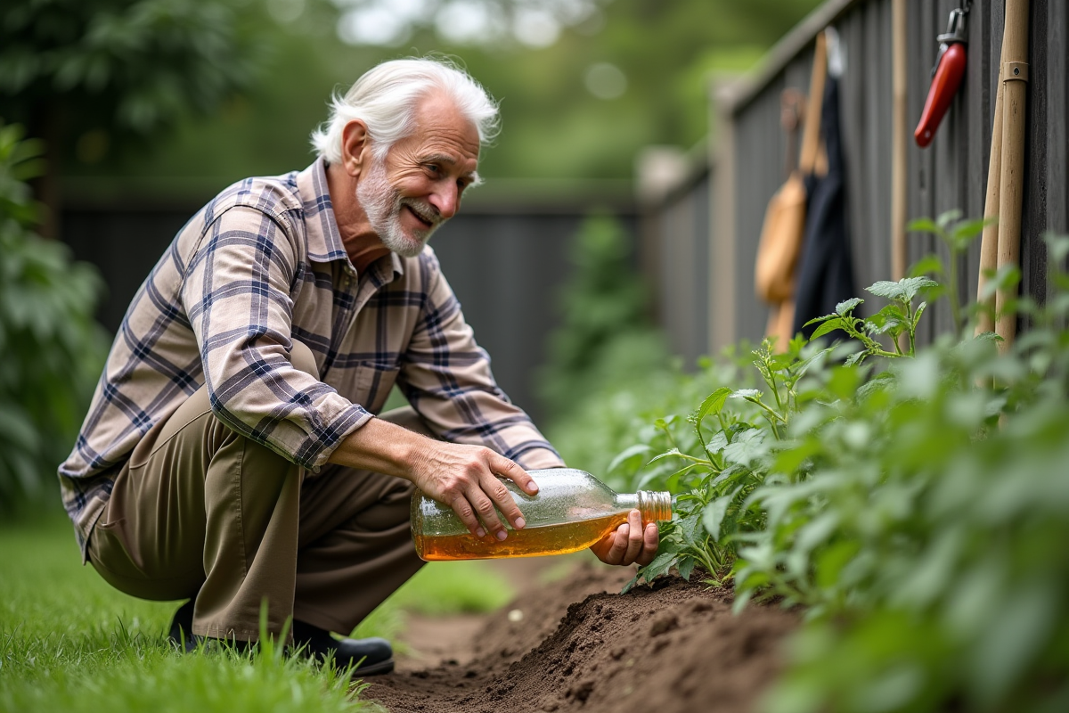Homme âgé arrosant ses tomates dans le jardin