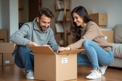 Jeune couple souriant en train de sceller des cartons lors d'un déménagement