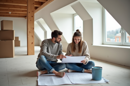 Jeune couple dans un atelier rénové en train de regarder des plans