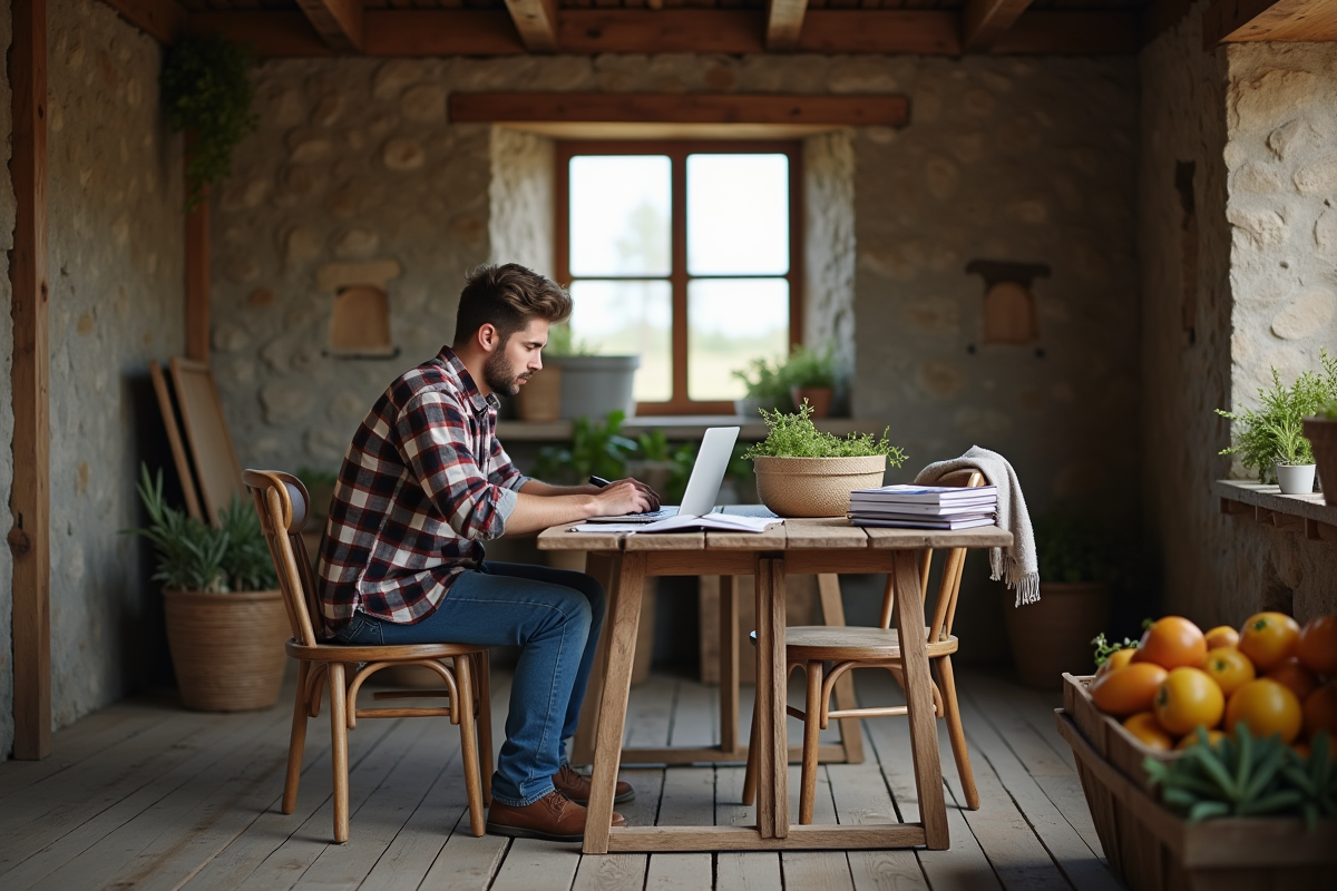 Jeune entrepreneur rural travaillant sur un ordinateur dans une ferme