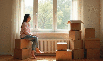 Jeune femme assise sur des cartons dans un appartement lumineux