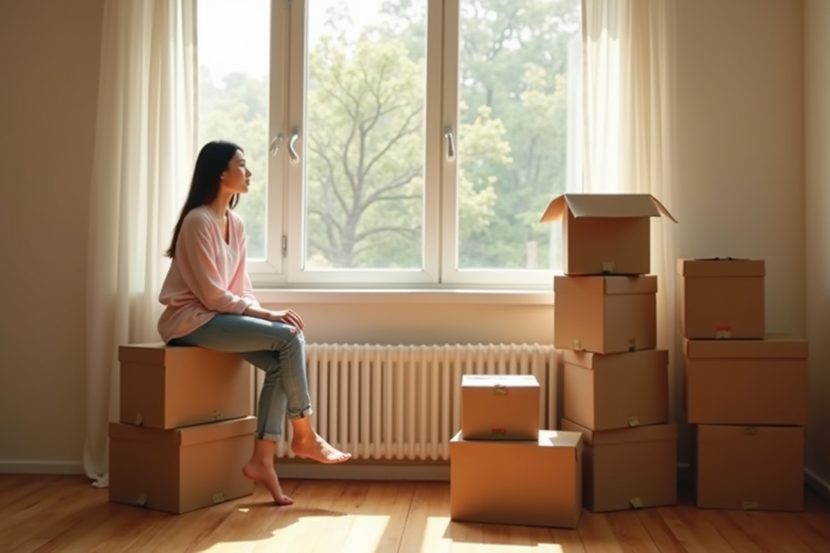 Jeune femme assise sur des cartons dans un appartement lumineux
