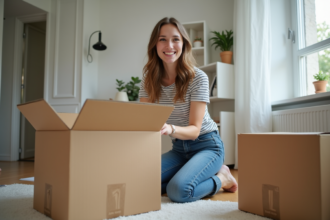 Jeune femme emballant des objets dans un appartement moderne