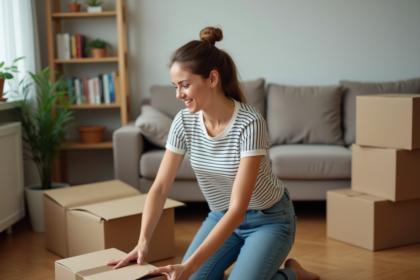 Jeune femme pliant cartons dans un salon cosy