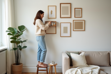 Jeune femme arrangeant une galerie murale dans un salon moderne
