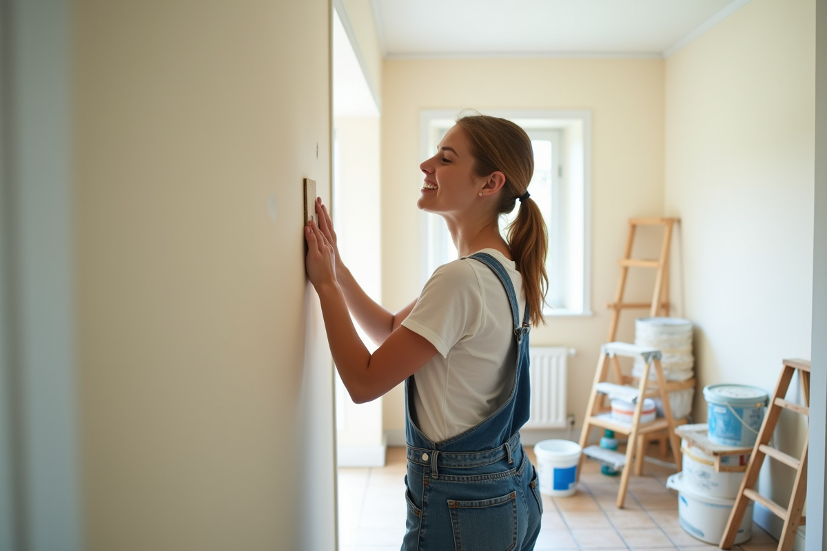 Jeune femme inspectant un mur sandé dans une salle de bain