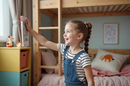 Jeune fille souriante atteignant un livre dans sa chambre cosy