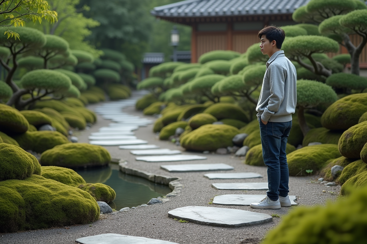 Jeune homme observant un chemin de pierre dans un jardin japonais