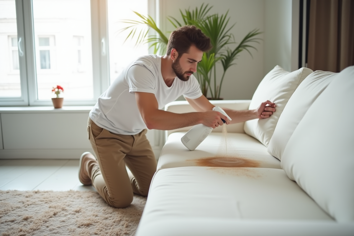 Jeune homme en t-shirt blanc nettoyant un canapé blanc