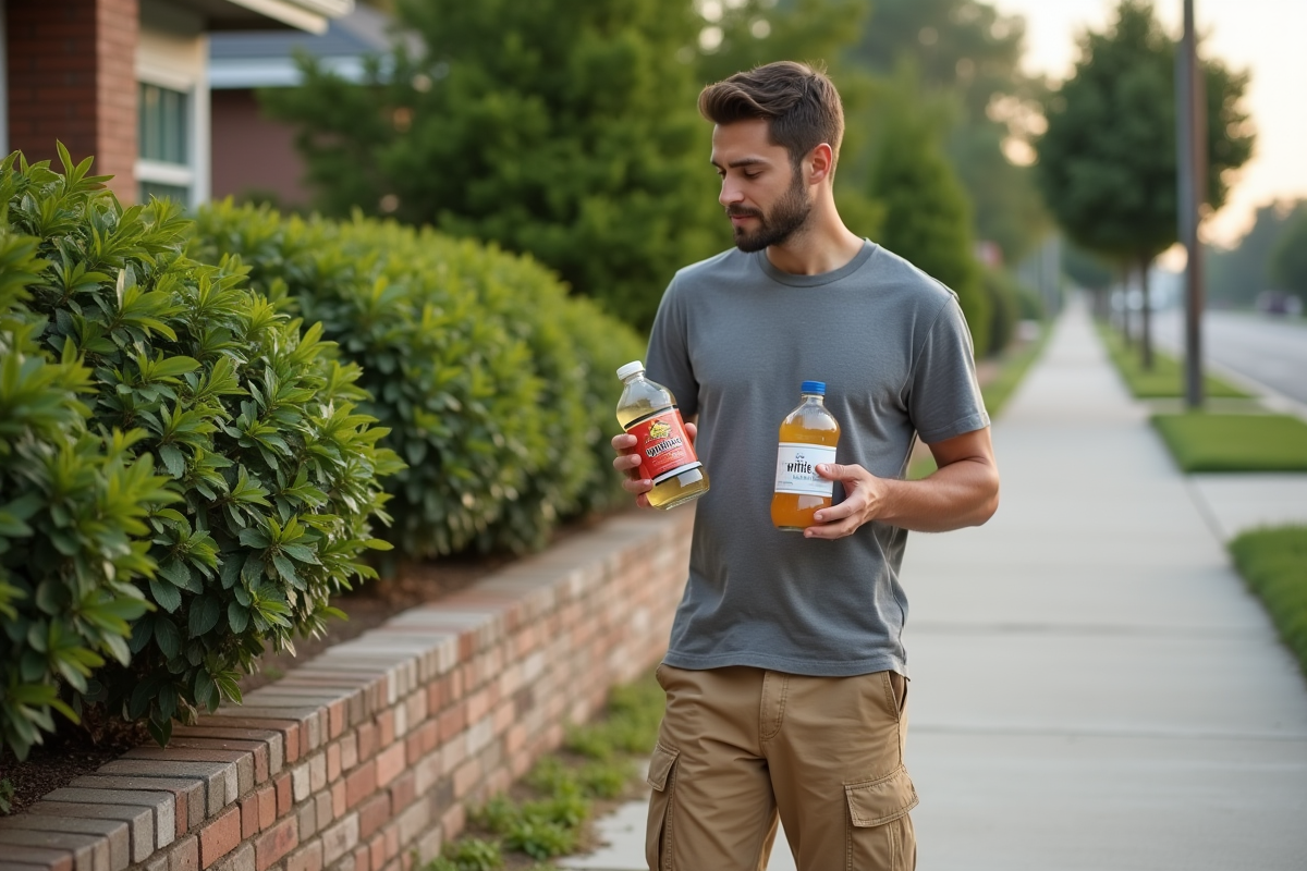Jeune homme comparant bouteilles de vinaigre dans une allée résidentielle