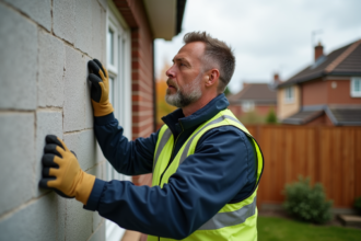 Ouvrier appliquant des panneaux d'isolation sur une maison