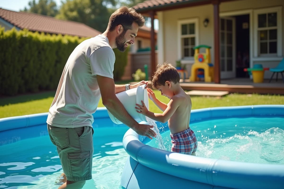 Père et enfant rinçant la piscine avec un seau d