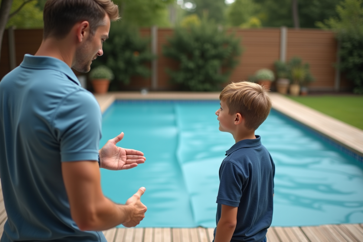 Père expliquant la couverture de piscine à son fils