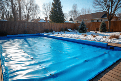 Piscine d'hiver dans un jardin moderne avec couverture bleue