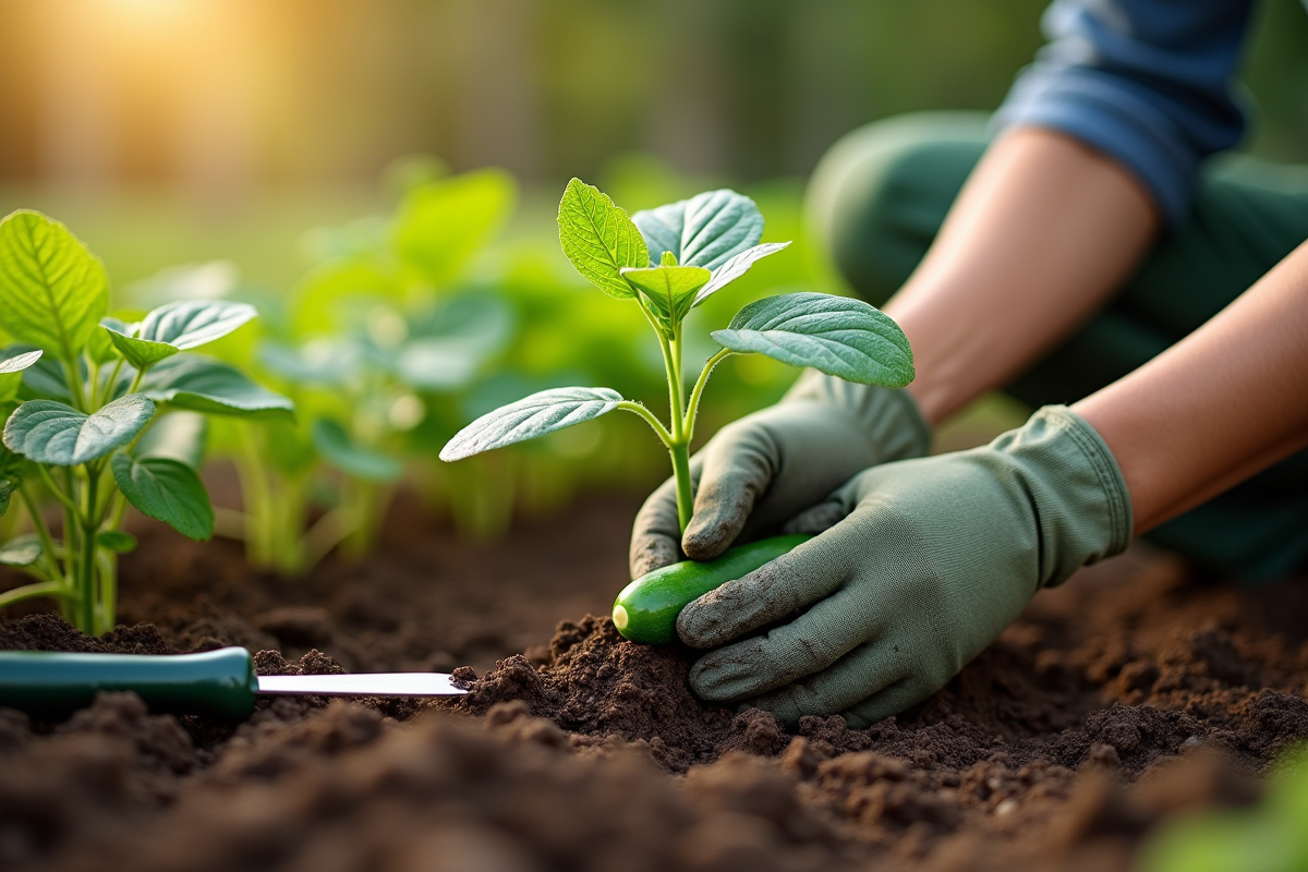 Personne plantant des jeunes plants de concombre dans un jardin