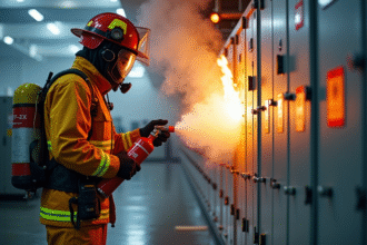 Pompiers en protection éteignant un panneau électrique industriel