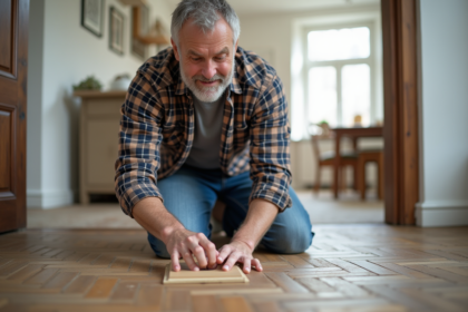 Homme d'âge moyen posant du carrelage dans un appartement lumineux