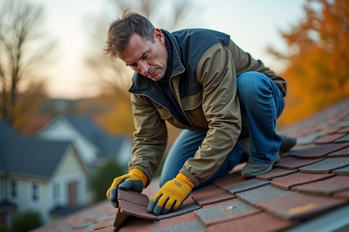 Ouvrier en workwear retire des tuiles de toit en automne