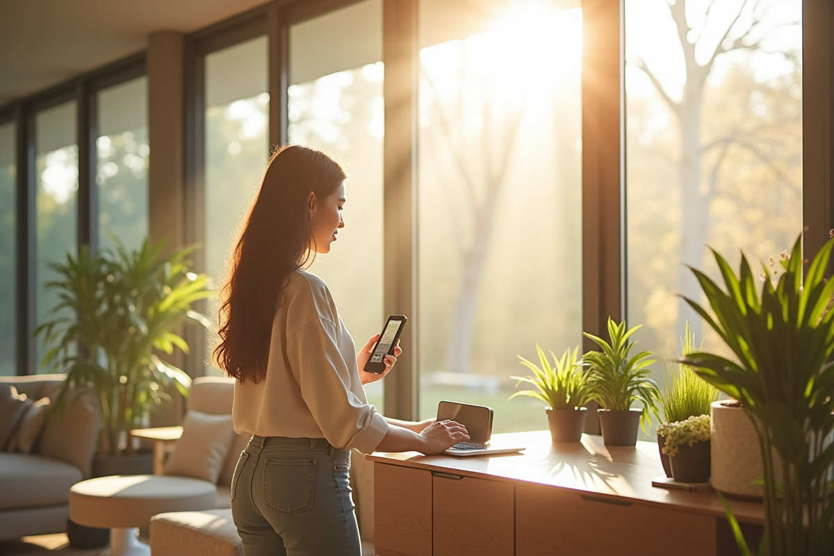 Salon moderne avec femme utilisant moniteur air intérieur