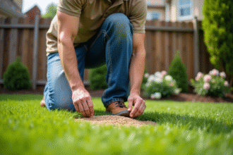 Homme en jeans et polo étalant du gazon vert