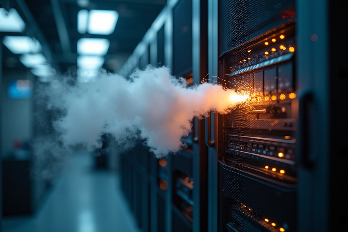 Faisceau d étincelles et fumée dans un serveur informatique