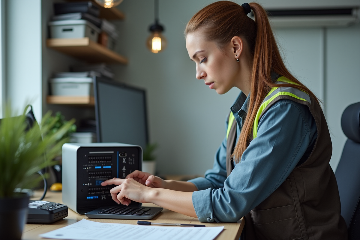 Technicienne professionnelle réglant une box internet au bureau