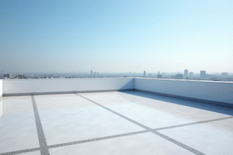 Toit plat moderne avec membrane bitumineuse et gravier sous ciel bleu
