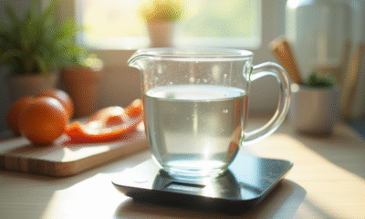 Verre mesureur avec 400 ml d'eau sur balance numérique