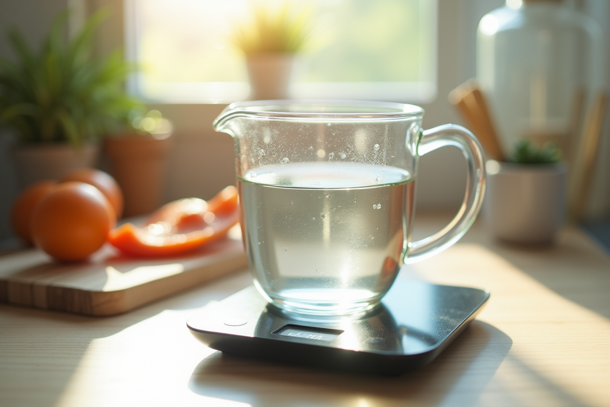 Verre mesureur avec 400 ml d'eau sur balance numérique